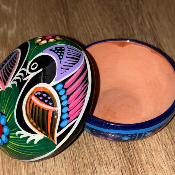 Hand painted Tera cotta clay trinket dish talavera box k - Picture 1 of 3